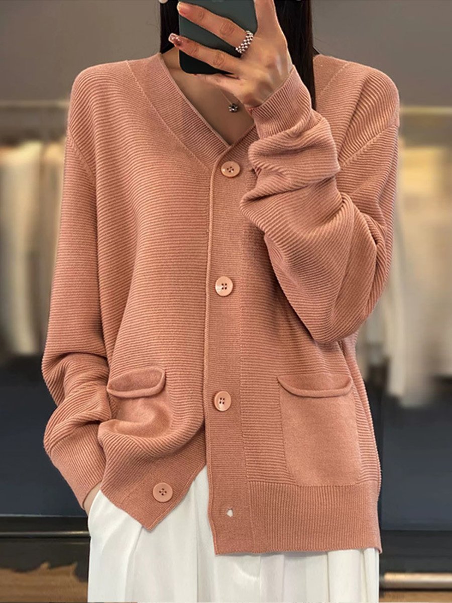 EB | Cardigan - Taschen Einfarbiger V-Ausschnitt Strick-Cardigan, Einfach und Vielseitig