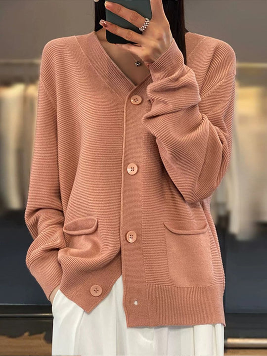 EB | Cardigan - Taschen Einfarbiger V-Ausschnitt Strick-Cardigan, Einfach und Vielseitig