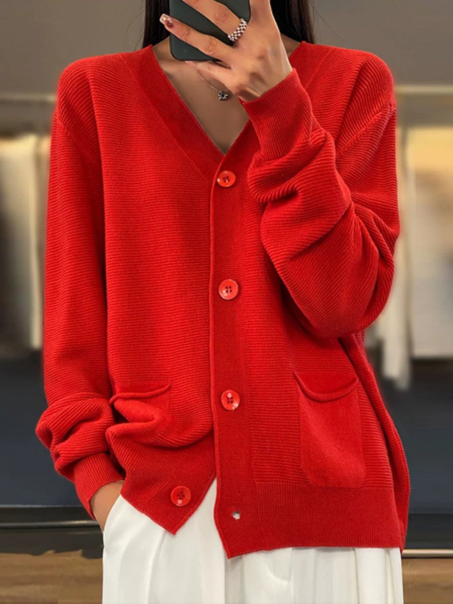 EB | Cardigan - Taschen Einfarbiger V-Ausschnitt Strick-Cardigan, Einfach und Vielseitig