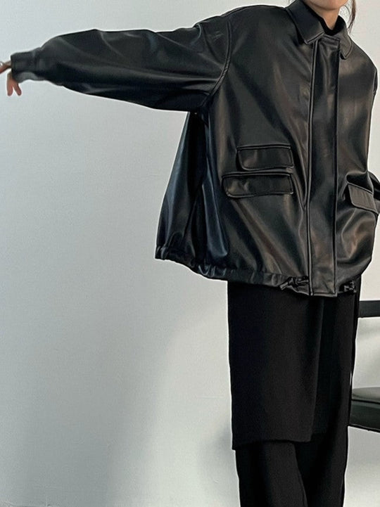 EB | Oversized Schwarzer Veganer Lederjacke mit Reißverschluss