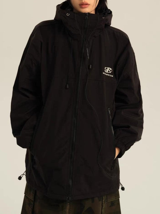 EB | Retro Schwarze Wasserdichte Outdoorjacke mit Kapuze