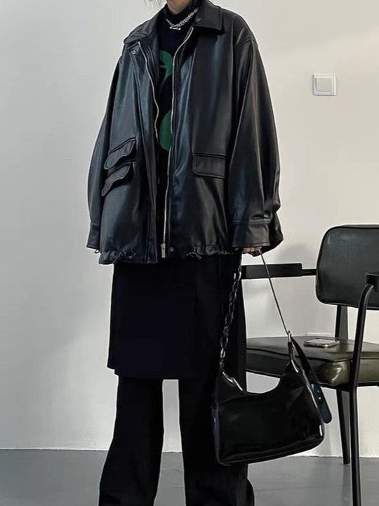 EB | Oversized Schwarzer Veganer Lederjacke mit Reißverschluss