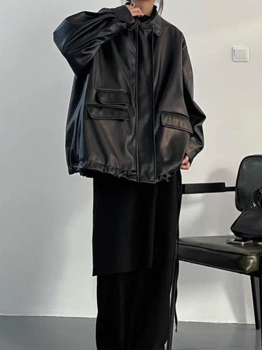 EB | Oversized Schwarzer Veganer Lederjacke mit Reißverschluss