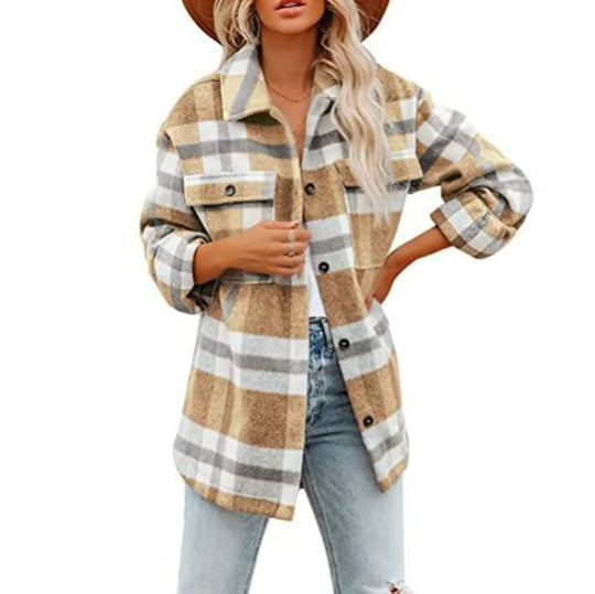 EB | Übergröße Damen Wolljacke mit Karomuster und Taschen