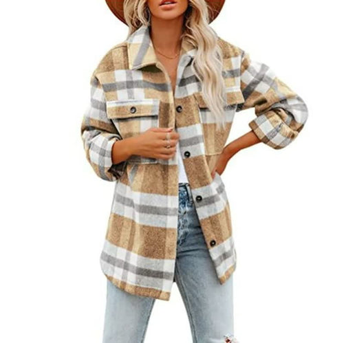 EB | Übergröße Damen Wolljacke mit Karomuster und Taschen