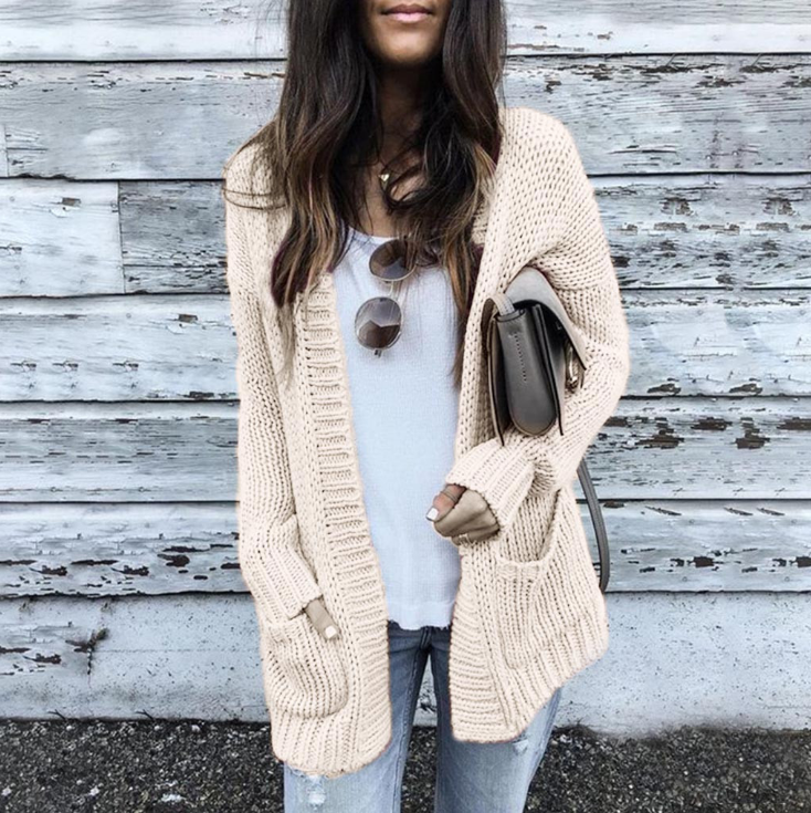 EB | Strickjacke Gestrickt Offene Vorderseite Entspannt Passform mit Taschen