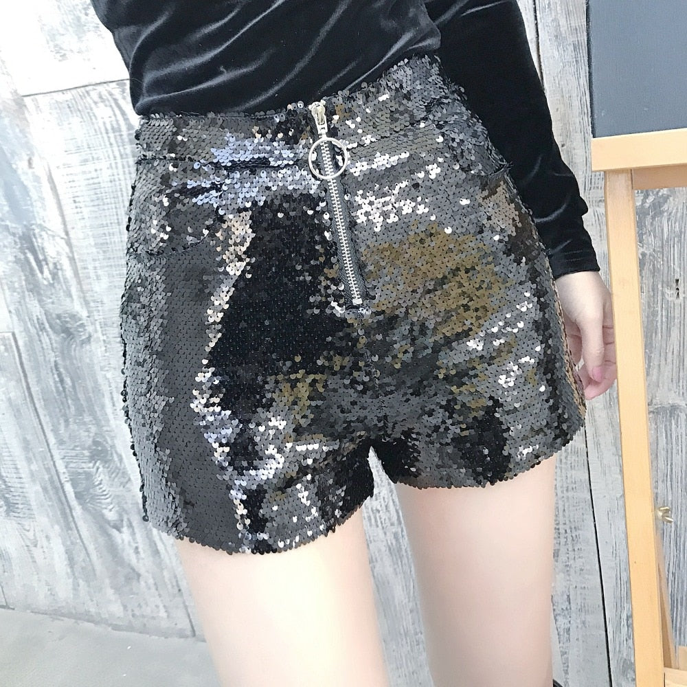 EB | Pailletten Shorts Hohe Taille Oring Reißverschluss Front Bodycon