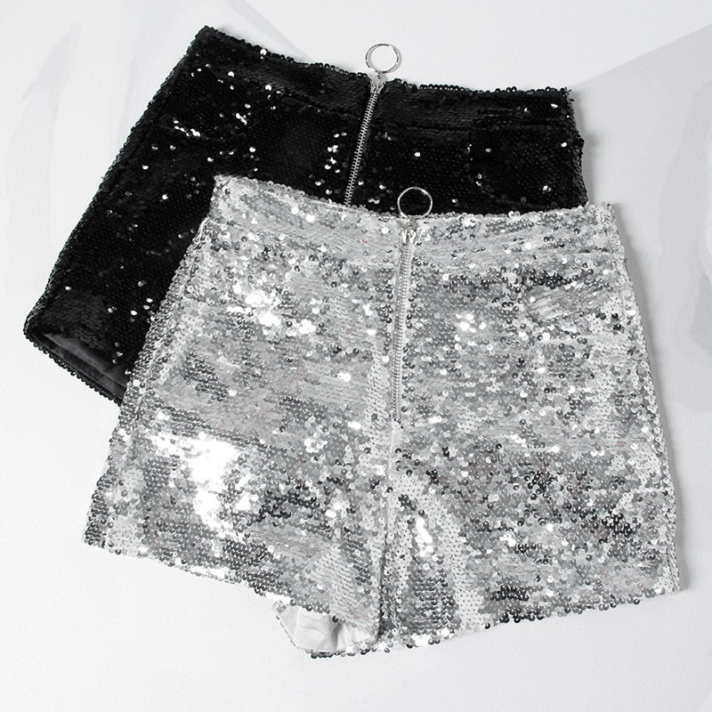EB | Pailletten Shorts Hohe Taille Oring Reißverschluss Front Bodycon