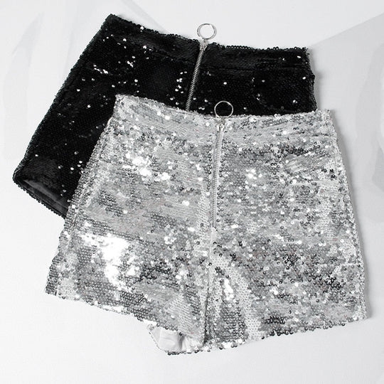 EB | Pailletten Shorts Hohe Taille Oring Reißverschluss Front Bodycon