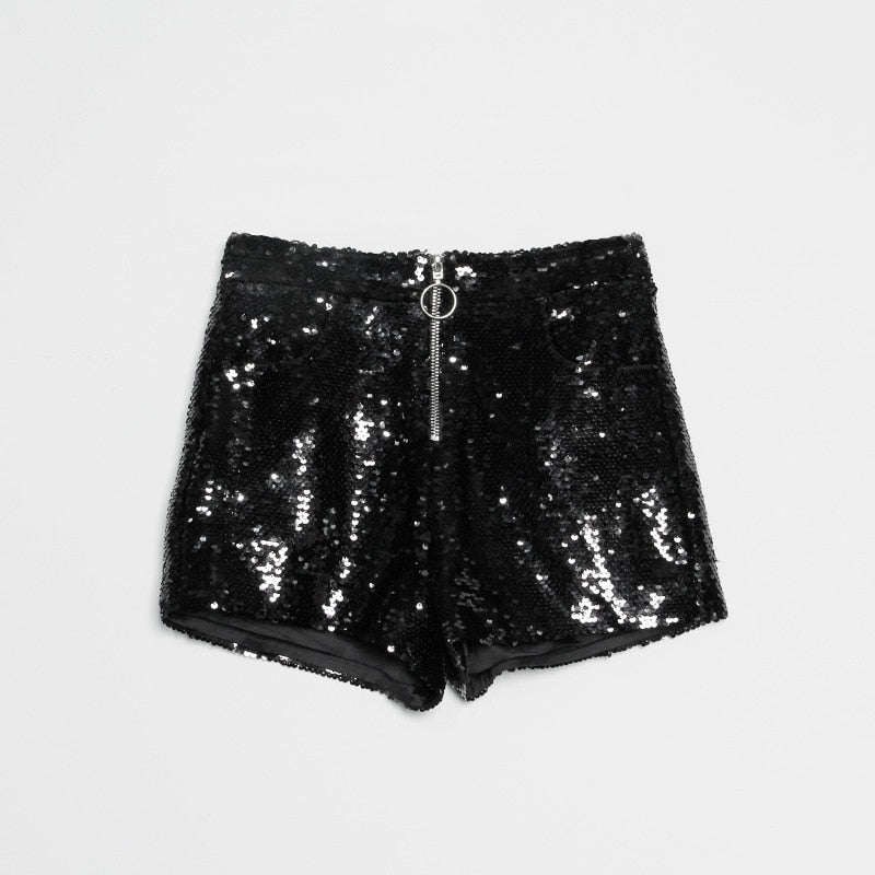 EB | Pailletten Shorts Hohe Taille Oring Reißverschluss Front Bodycon