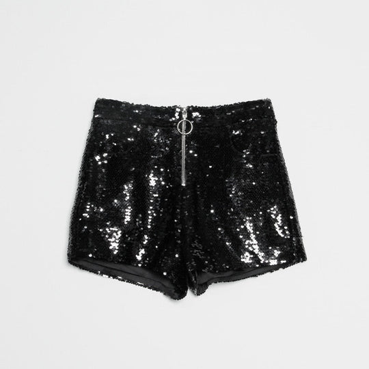 EB | Pailletten Shorts Hohe Taille Oring Reißverschluss Front Bodycon