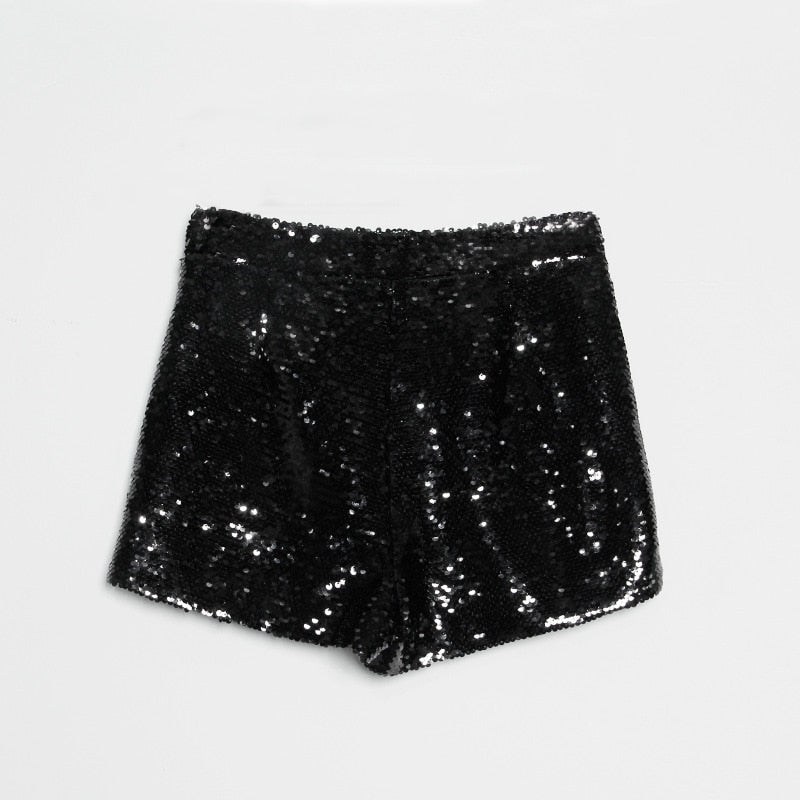 EB | Pailletten Shorts Hohe Taille Oring Reißverschluss Front Bodycon