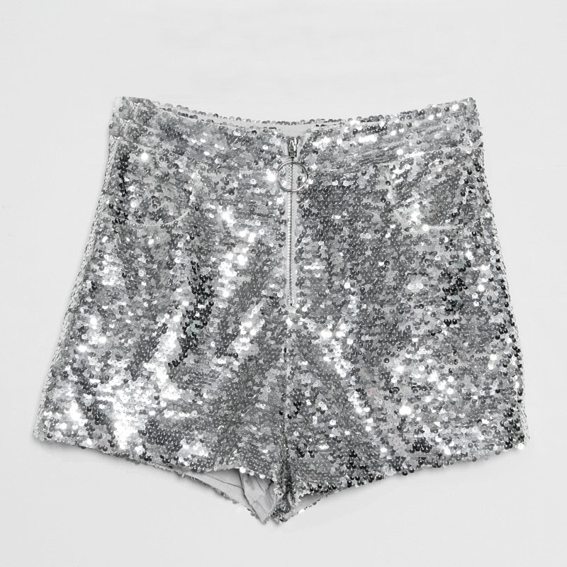 EB | Pailletten Shorts Hohe Taille Oring Reißverschluss Front Bodycon