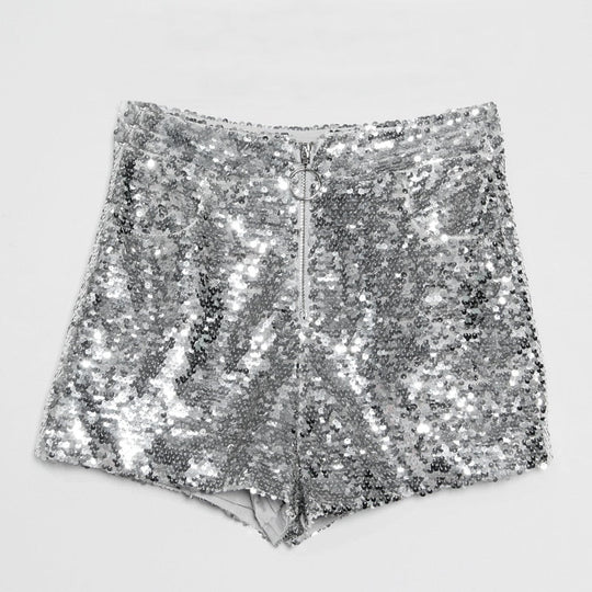 EB | Pailletten Shorts Hohe Taille Oring Reißverschluss Front Bodycon