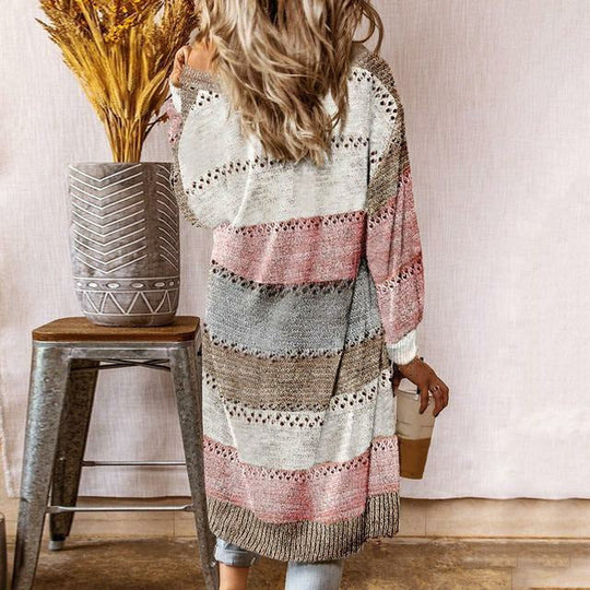 EB | Strickjacke - Damen Herbst Lange Gestreifte Strickjacke