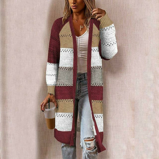 EB | Strickjacke - Damen Herbst Lange Gestreifte Strickjacke
