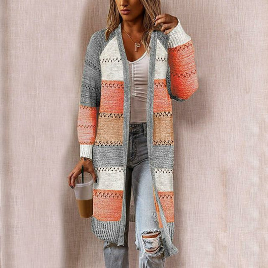 EB | Strickjacke - Damen Herbst Lange Gestreifte Strickjacke