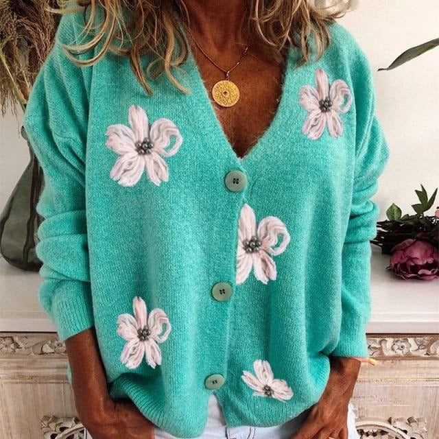 EB | Cardigan - Damen Frühlings Blumenkarten Strickcardigan