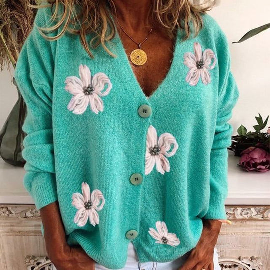 EB | Cardigan - Damen Frühlings Blumenkarten Strickcardigan