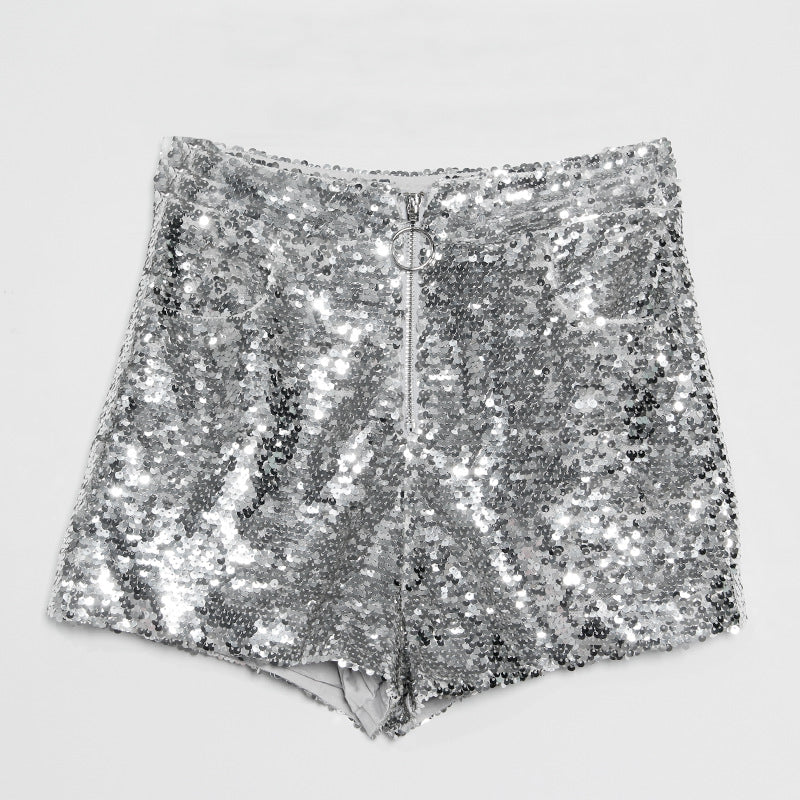 EB | Pailletten Shorts Hohe Taille Oring Reißverschluss Front Bodycon