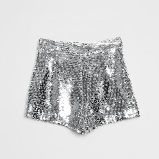 EB | Pailletten Shorts Hohe Taille Oring Reißverschluss Front Bodycon