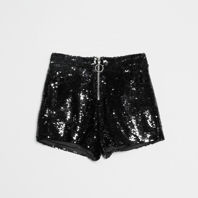EB | Pailletten Shorts Hohe Taille Oring Reißverschluss Front Bodycon
