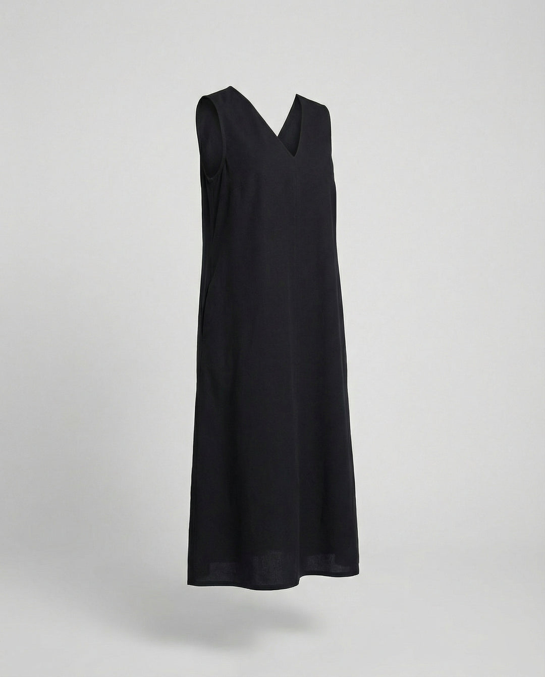 Damen Midi Kleid ärmellos mit V-Ausschnitt – Schwarz A-Linie