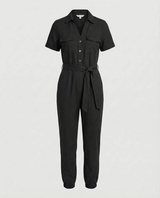 Damen lässiger Jumpsuit mit tailliertem Schnitt und durchgehender Knopfleiste EB