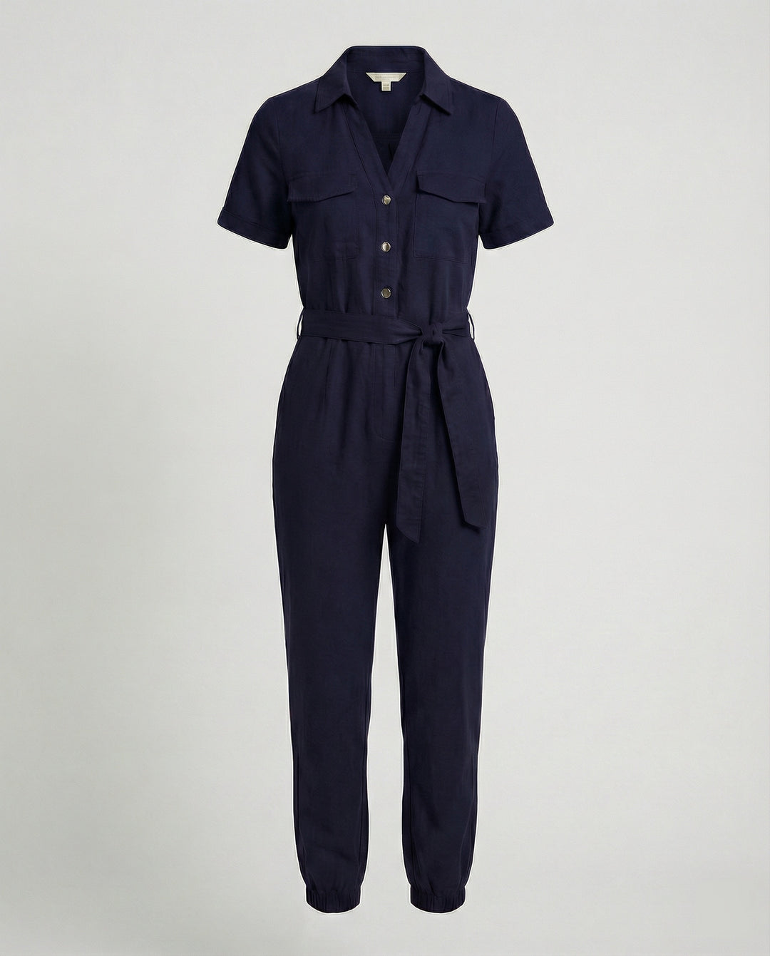 Damen lässiger Jumpsuit mit tailliertem Schnitt und durchgehender Knopfleiste EB