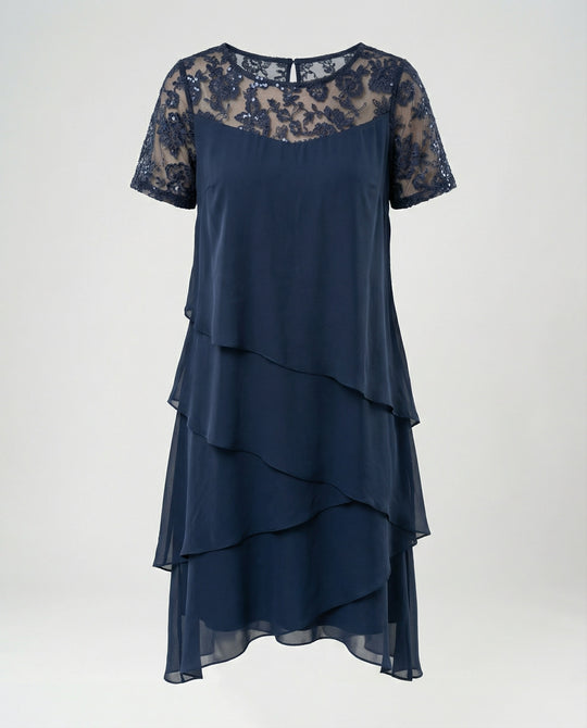 Damen Elegantes Schichtkleid mit Spitzenärmel und asymmetrischem Saum EB