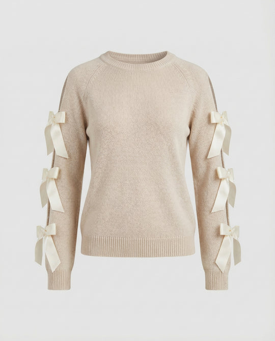 Damen Strickpullover mit offener Schulter und raffinierten Schleifendetails EB