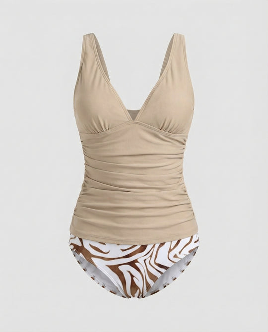 EB | Tankini mit V-Ausschnitt, Top mit Rüschen und Höschen mit Zebramuster