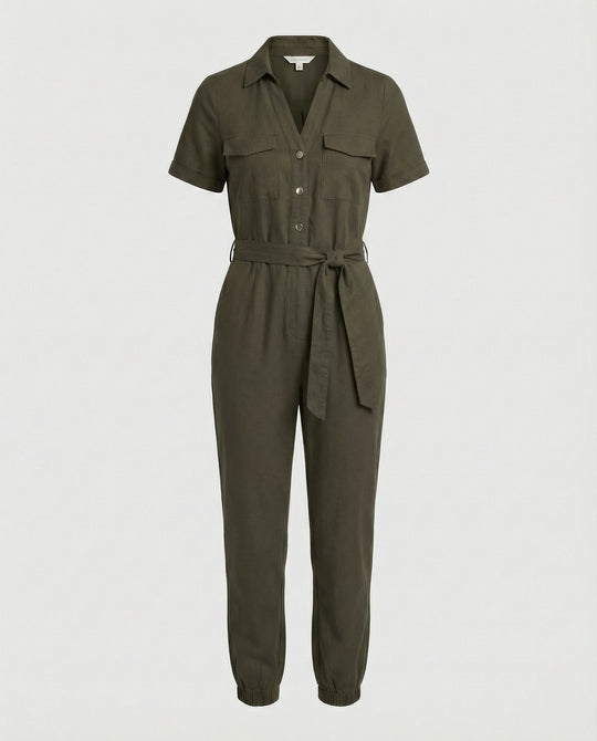 Damen lässiger Jumpsuit mit tailliertem Schnitt und durchgehender Knopfleiste EB