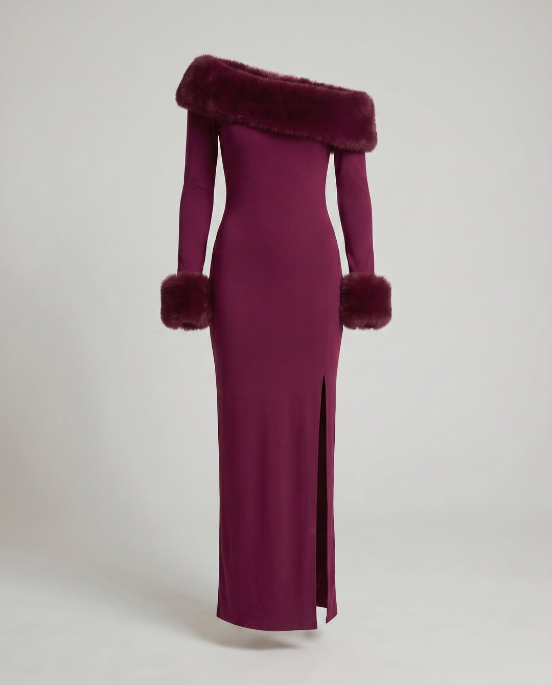 Damen Elegantes Langarm-Maxikleid mit abnehmbarem Pelzbesatz EB