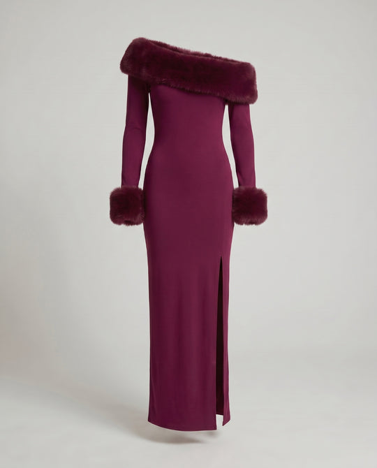 Damen Elegantes Langarm-Maxikleid mit abnehmbarem Pelzbesatz EB