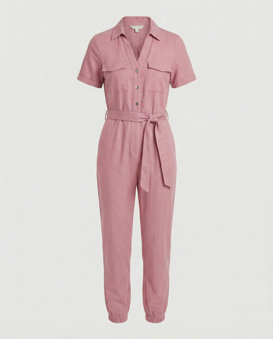 Damen lässiger Jumpsuit mit tailliertem Schnitt und durchgehender Knopfleiste EB