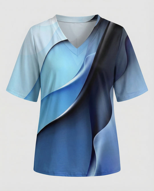 Damen V-Ausschnitt Bluse mit kreativem Wellenmuster EB