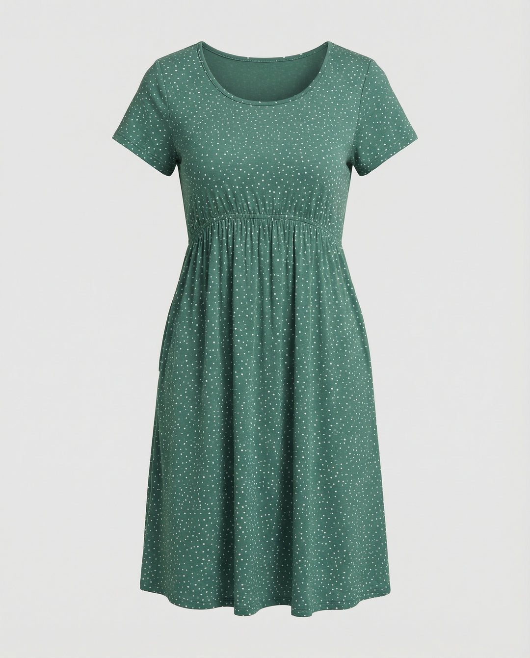 Damen Elegantes Grünes Midikleid mit Punktmuster & Kurzen Ärmeln | EB
