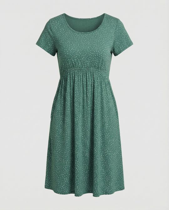 Damen Elegantes Grünes Midikleid mit Punktmuster & Kurzen Ärmeln | EB