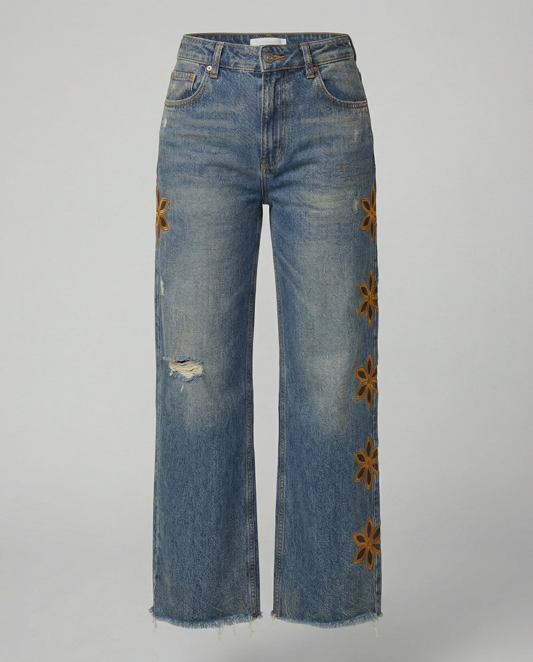 Damen Weit geschnittene Jeans im floralen Design mit bunten Applikationen EB