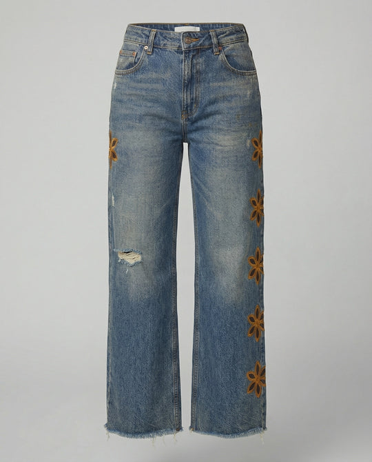Damen Weit geschnittene Jeans im floralen Design mit bunten Applikationen EB