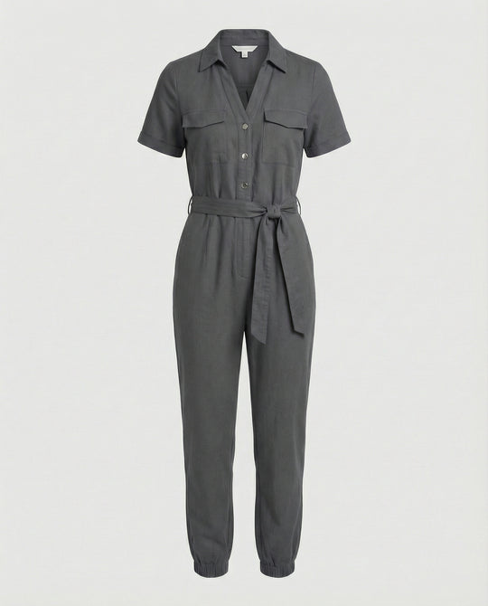 Damen lässiger Jumpsuit mit tailliertem Schnitt und durchgehender Knopfleiste EB