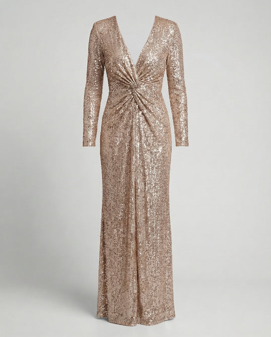 EB | Give Em' Glam Paillettenkleid mit Langen Ärmeln und Gekreuztem Taillendetail Abend-Maxikleid