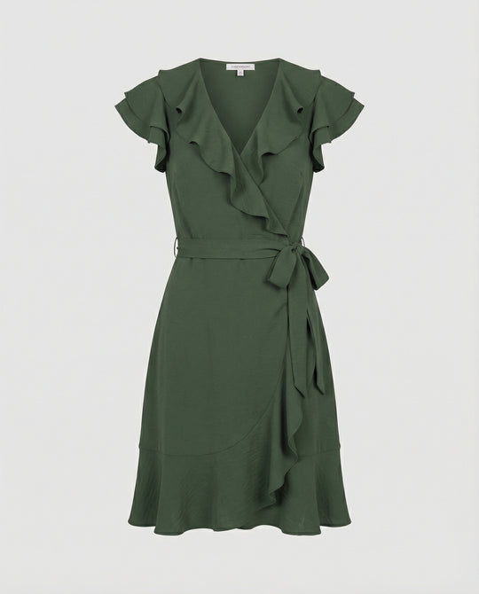 Damen Wickelkleid mit voluminösen Rüschendetails und Taillengürtel EB
