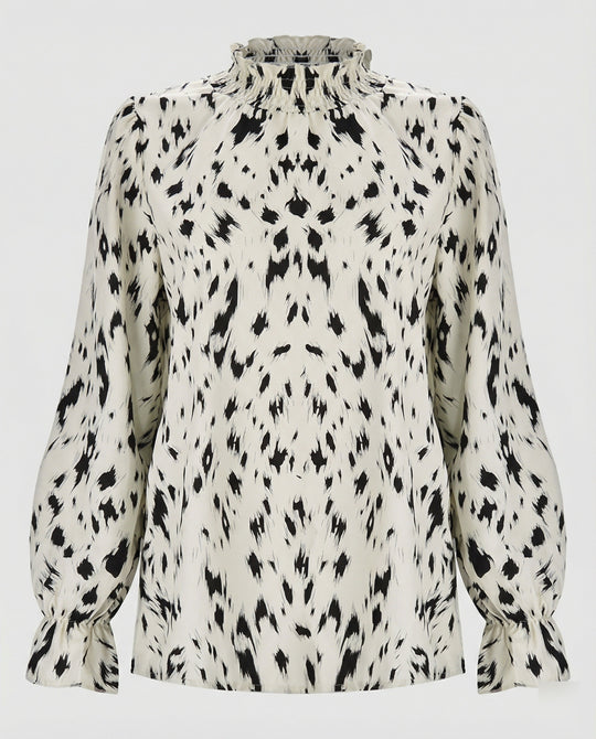 Damen elegante Bluse mit Rüschensaum und stilvollem Tiermuster EB