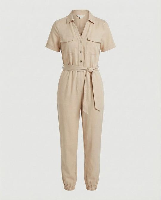 Damen lässiger Jumpsuit mit tailliertem Schnitt und durchgehender Knopfleiste EB