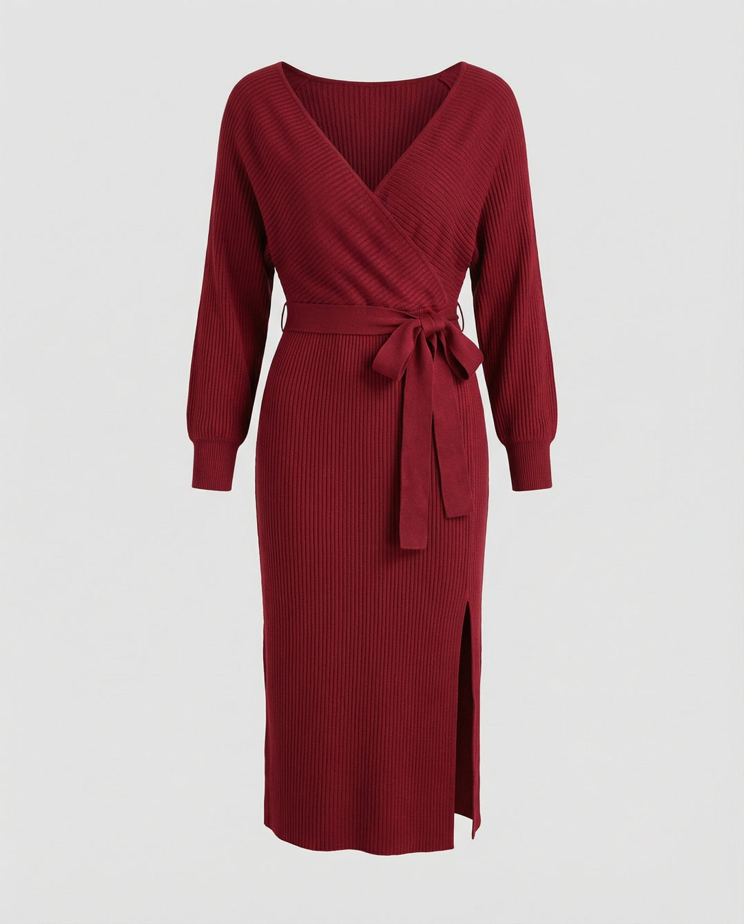 Damen Strickkleid mit elegantem Wickeldesign und dekorativem Gürtel EB