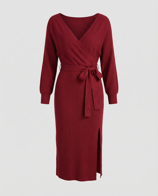 Damen Strickkleid mit elegantem Wickeldesign und dekorativem Gürtel EB