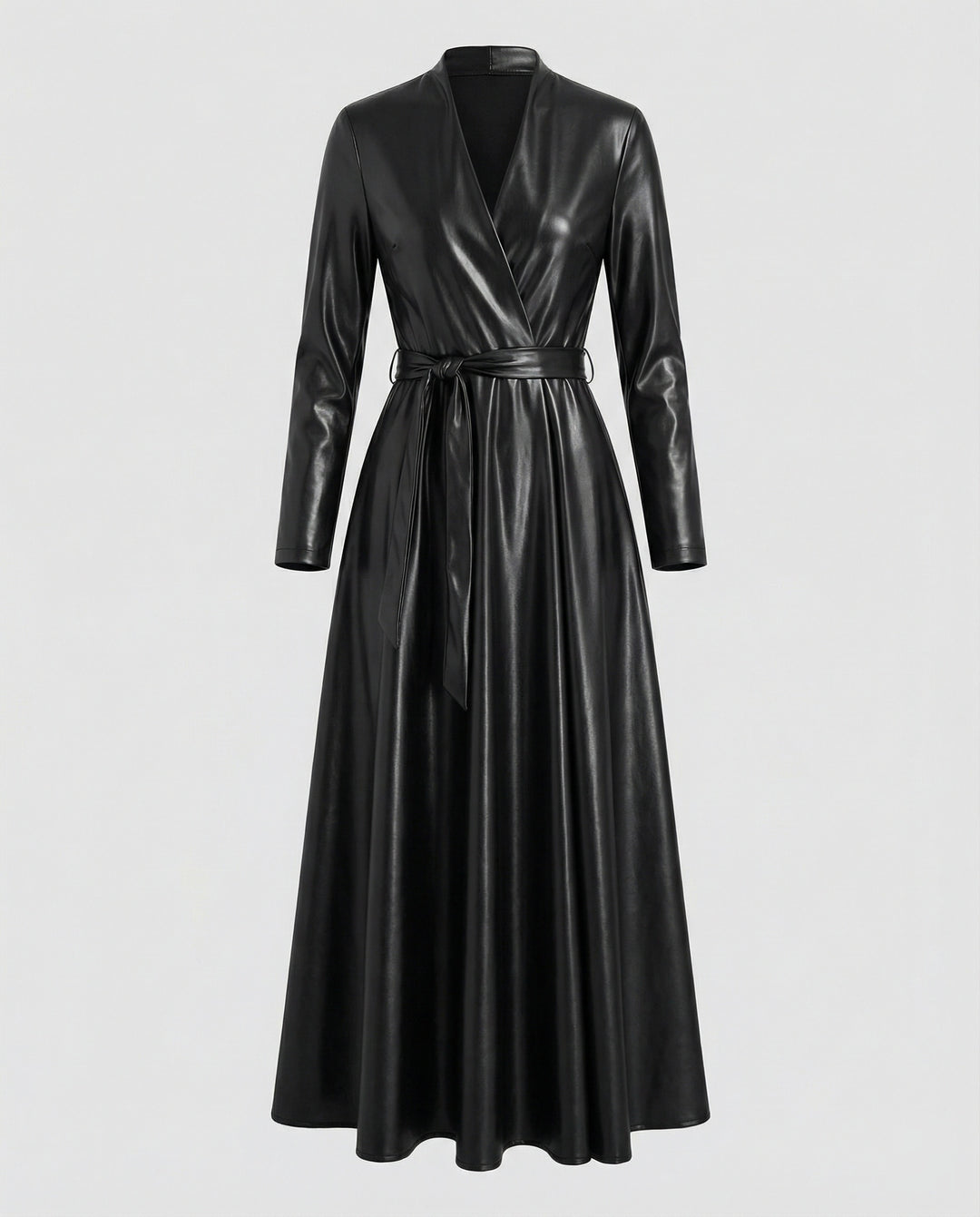 Damen Maxikleid Kunstleder Wickeloptik