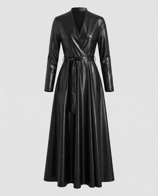 Damen Maxikleid Kunstleder Wickeloptik